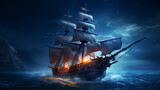 Night sailing, wallpaper, a large junk ship floating in the middle of the water at night.