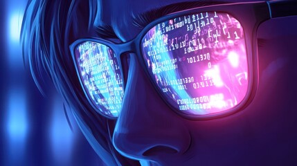 Close-up of woman's face with glasses reflecting binary code.