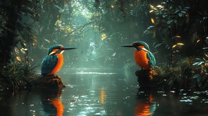 Two kingfishers perched on rocks facing each other across a tranquil stream in a lush jungle.