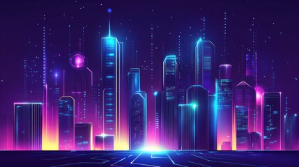 Wall Mural - futuristic cityscape at night with neon lights and digital elements.