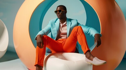 Poster - The model sits on a large white foam, in bright orange, light blue, red, modern style, high contrast and sharp details, with a simple background. The emphasis is on the man's stylish pose, which contr