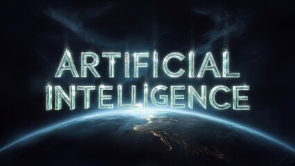 Wall Mural -  Glowing inscription Artificial intelligence in space on a futuristic background with planet Earth. Concept of technological progress - generative AI
