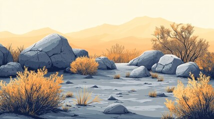 Wall Mural - Serene desert landscape with rocks, shrubs, and distant mountains at sunrise.