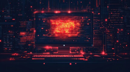 Glowing code displayed on a computer screen in a dark room.