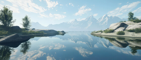 Wall Mural - a beautiful mountain landscape with a calm lake in the foreground