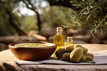 Wall Mural - Olive oil and olives in a clay bowl on a stone background