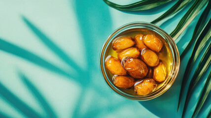 Bowl of golden dates with palm leaves casting shadows, representing Ramadan traditions in a tropical setting