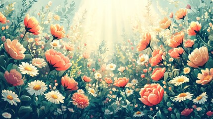 Wall Mural - Sunlit meadow with blooming poppies and daisies.