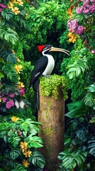 Wall Mural - Rainforest woodpecker perched, vibrant flowers, lush foliage, exotic bird