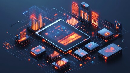 Futuristic tablet displaying data analytics and network connections.
