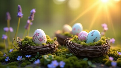 Easter eggs in natural nests made of twigs and moss, adorned with delicate patterns and surrounded by wildflowers. A peaceful design ideal for home décor or nature-inspired Easter products.