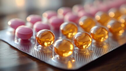 Wall Mural - Close-up of pills in blister pack, orange and pink capsules