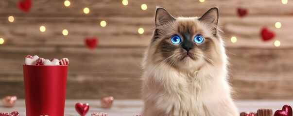 Canvas Print - Valentine's Day-themed cat treat concept. Fluffy cat with blue eyes surrounded by hearts and chocolates