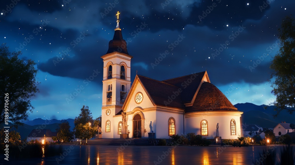 Night scene of a church under stars Stock Illustration | Adobe Stock