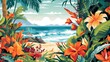 © popuo design - Vibrant Tropical Beach Paradise: Lush Flowers and Ocean Waves