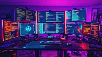 Programmer's multi-monitor setup, coding late night, neon lights, home office
