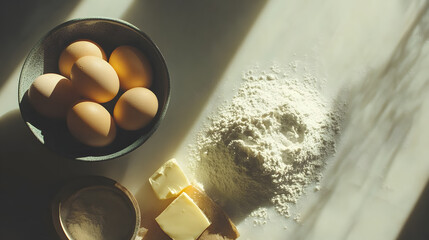 Canvas Print - Sunlit kitchen scene with ingredients for baking: eggs in a bowl, flour, and butter.  Ready to bake!