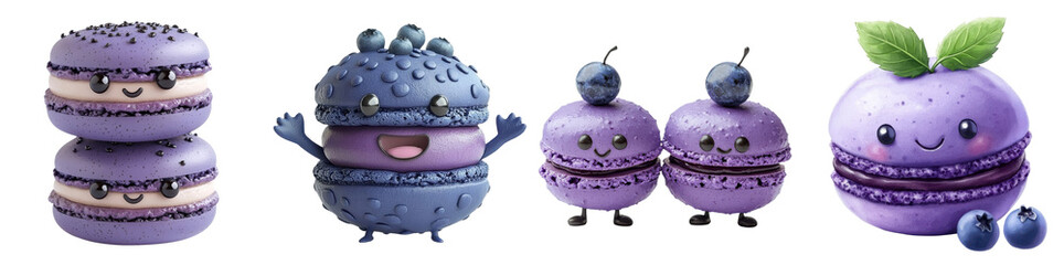 Wall Mural - Blueberry macarons, playful character isolated on white background. Collection Set Png.