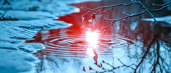 Wall Mural - Serene Winter Water  Ripples  Snow  Branch Reflections