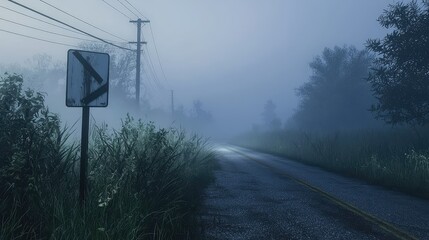 Wall Mural - Misty Road on a Foggy Morning with Overgrown Grass and Trees