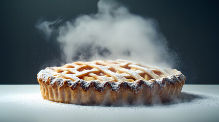 A freshly baked apple pie, still steaming, sits on a table dusted with powdered sugar. The lattice crust is golden brown, and the pie looks incredibly delicious.