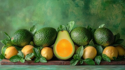 Wall Mural - Avocados and lemons on wooden board.