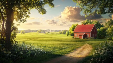 Wall Mural - Serene Landscape of a Red House Surrounded by Lush Green Fields