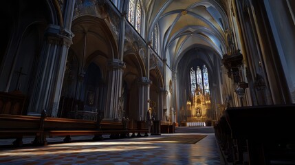 Sunlit Gothic church interior