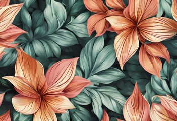 Wall Mural - A vibrant floral pattern featuring a variety of colorful flowers and lush green leaves. The design includes shades of red, pink, yellow, and green, creating a lively and tropical feel.