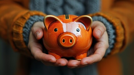 Close-up of hands holding an orange piggy bank.