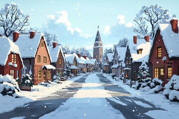 Wall Mural - snow falling on cozy christmas village with illuminated houses and church