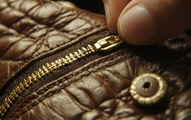 golden zipper on brown leather: a detailed close-up. precision and craftsmanship shine through in th