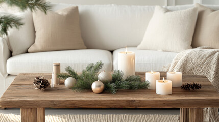 Wall Mural - Cozy living room with wooden table decorated for Christmas, featuring candles, pine branches, and ornaments, creating warm and inviting atmosphere