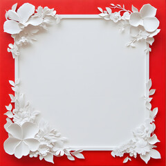 Wall Mural - Elegant floral frame art studio setting digital design vibrant red background top-down view aesthetic appeal