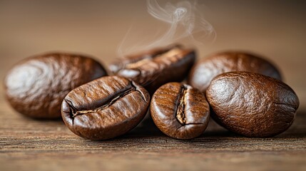 Wall Mural - Close-up of roasted coffee beans steaming on wood.