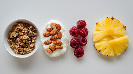 Canvas Print - A healthy breakfast arrangement featuring granola, yogurt with almonds, raspberries, and pineapple.  Perfect for a balanced and nutritious start to the day.