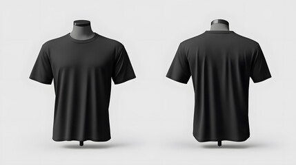 Men's black blank t-shirt template displayed from both sides on an invisible mannequin for design mockups, isolated on a white background