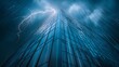 © Billy - Dramatic Close-Up of a Lightning Bolt Striking a Tall Building Under Dark Clouds Amidst Heavy Rain, Capturing the Power of Nature and Urban Architecture