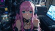 © QITIAN - Anime female with pink hair and headphones, focused in a high-tech environment.