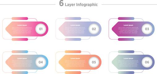 Wall Mural - Colorful Modern Business infographics design for Six Step, option, parts or process. Infographic 6 element design template for presentation. process diagram, step banner, flow chart, 6option template.