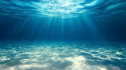 An underwater scene depicting deep blue sea and beautiful light rays over a sandy floor.