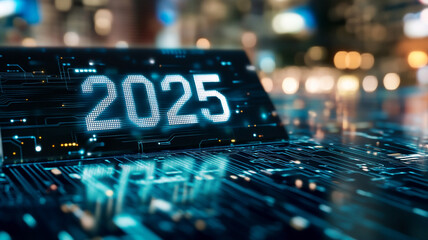 digital futuristic technology circuit with glowing 2025 text on blue abstract network background pat