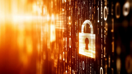 Digital cybersecurity with glowing padlock and binary code flowing across dark background illustrates data protection concept