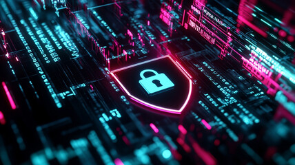 Cybersecurity shield digital abstract blue technology coding binary glow concept neon modern