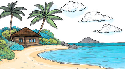 Canvas Print - A charming island illustration of a tropical scene for kids to color. This fun beach drawing for kids is a playful tropical artwork.