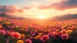 © alisya - Sunset over colorful flower field, mountain backdrop, peaceful nature scene, ideal for calming backgrounds