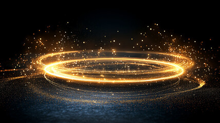 Wall Mural - glowing golden light spiral orbital ring on black space background with bright sparkle particle effe