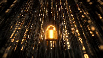 Digital privacy data protection secure lock glowing with binary code background on digital cyber concept