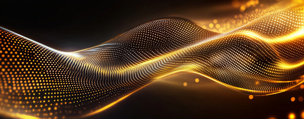 Wall Mural - abstract glowing golden waves with particle effect on black mesh background forming luxury modern fl