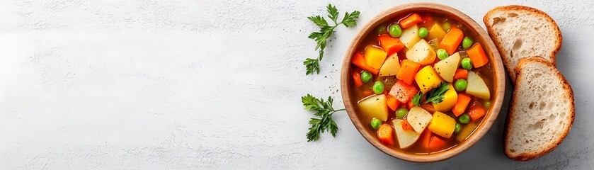Fototapete - Hearty Vegetable Soup in Wooden Bowl with Fresh Bread Slices
